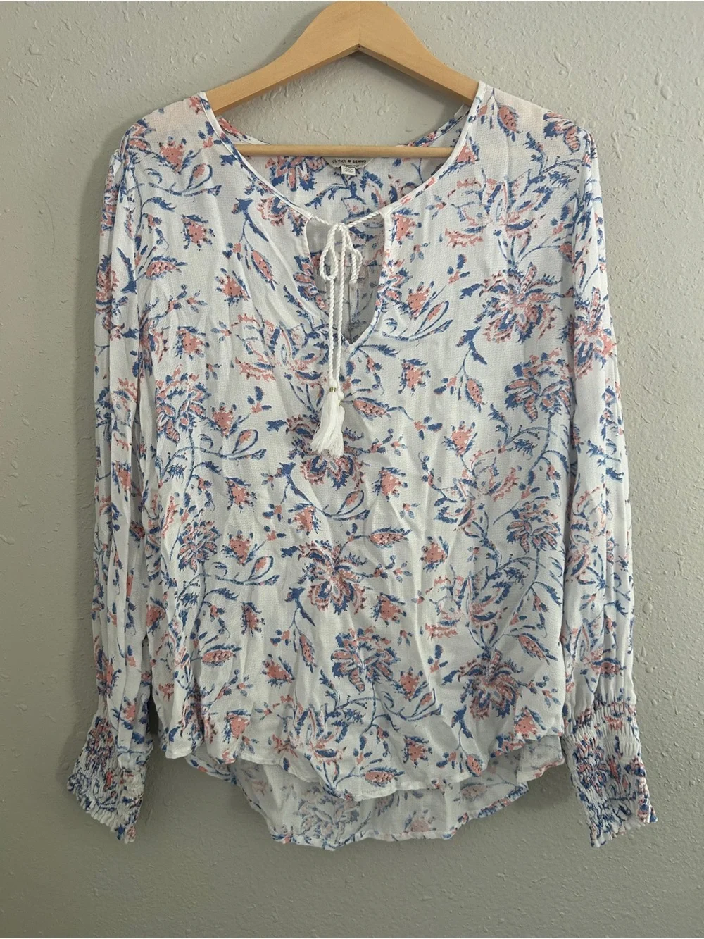 Lucky Brand White Floral Tie-Front Peasant Blouse Floral Boho Bohemian Large